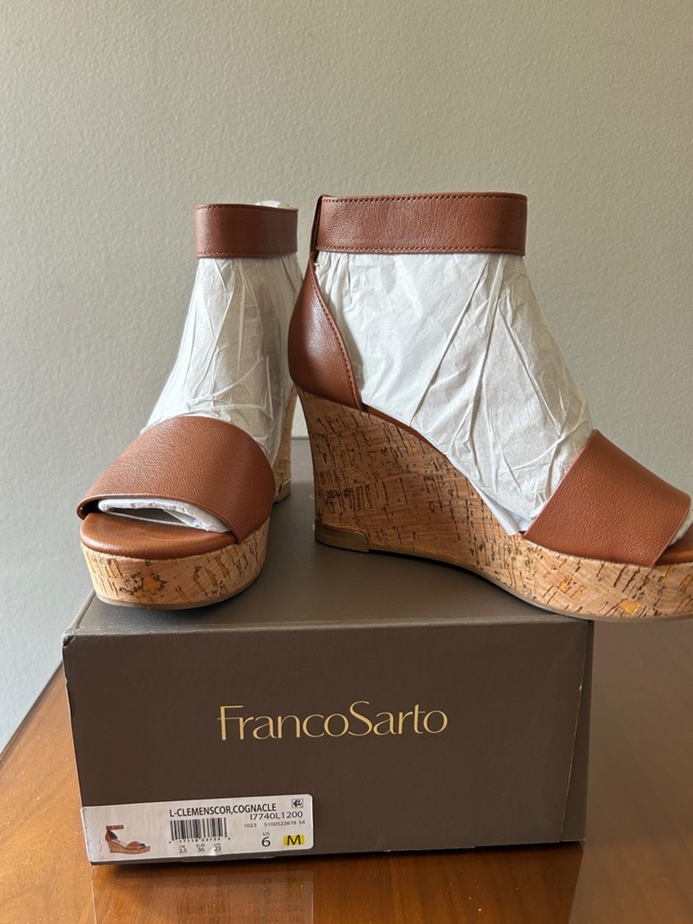 Franco Sarto Cognac Leather Cork Wedge Sandals